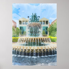 Poster Charleston Pineapple Fountain Watercolor