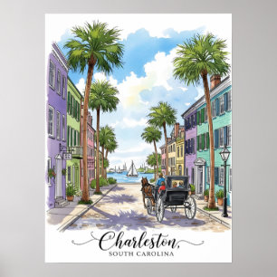 Poster Charleston South Carolina carruagem desenhada