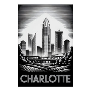 Pôster Charlotte Carolina do Norte Preto Branco Xilogravu