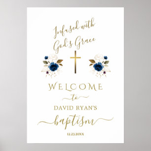Poster Charm Blue Flowers Dourado Boy Baptism Sinal de Bo