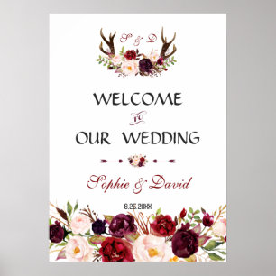 Poster Charm Burgundy Floral Antlers - Sinal de Casamento