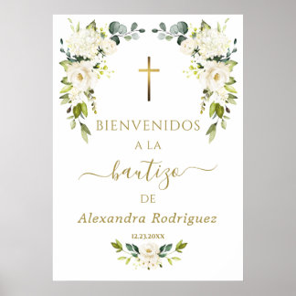 Poster Charm White Flowers Bem-Vindo Sinal de Batismo Esp