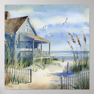 Poster Charming Old Art Beach Cottage
