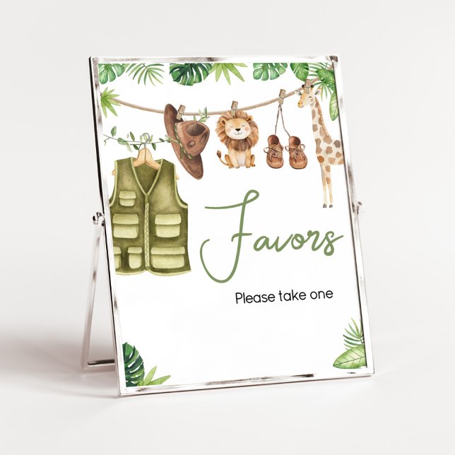 Poster Chás de fraldas De Animais Da Selva De Safari Trop (Tropical Safari Jungle Animals Clothesline Baby Shower Favors Sign)