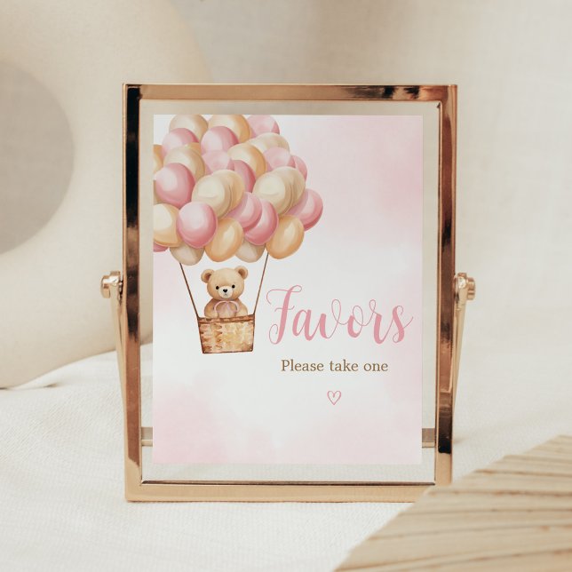 Poster Chás de fraldas de Balões de Ar Quente com Urso Ro (Girl Bear Boho Baby Shower Favors Sign)