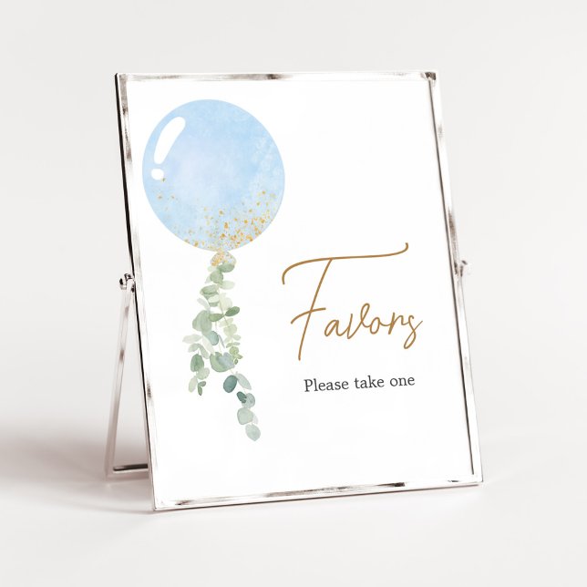 Poster Chás de fraldas de Balões de Meninos (Blue Balloon Eucalyptus Baby Shower Favors Sign)