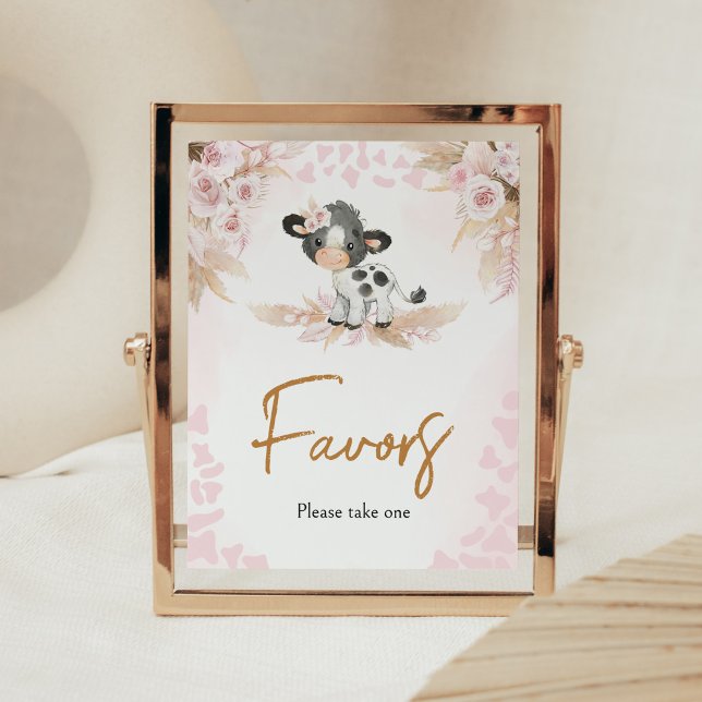 Poster Chás de fraldas de vacas sagradas, cor-de-rosa (Highland Cow Baby Shower Favors Sign)