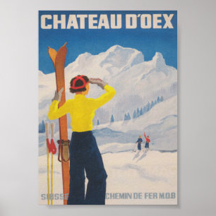 Poster Chateau D'oex Suiça Vintage Ski Viagem