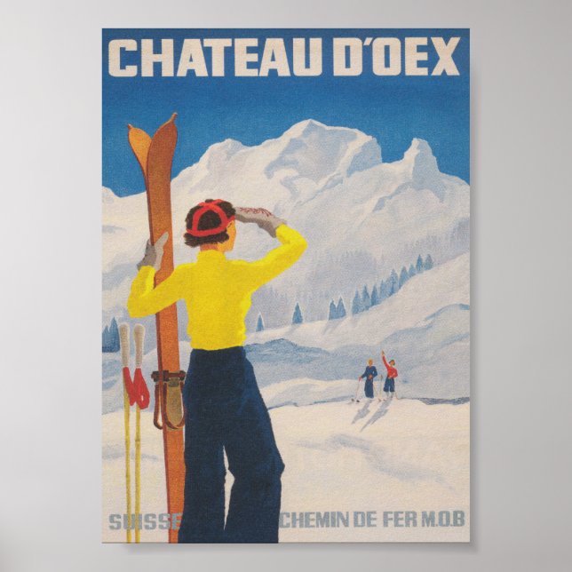 Poster Chateau D'oex Suiça Vintage Ski Viagem (Frente)