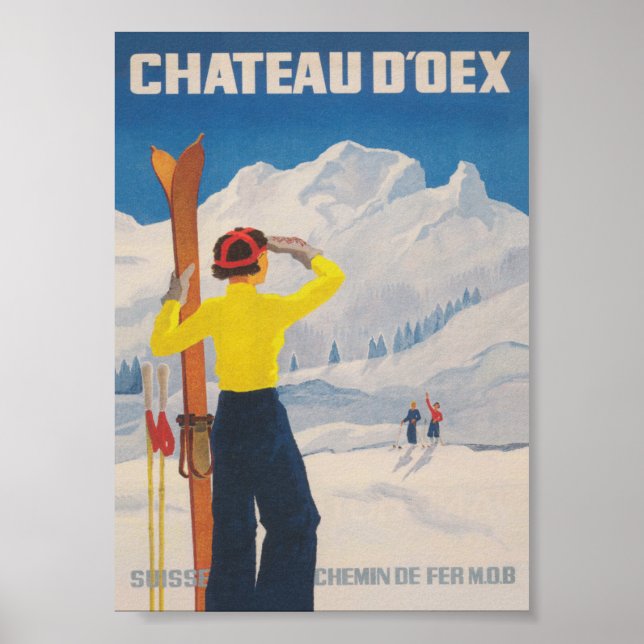 Poster Chateau D'oex Suiça Vintage Ski Viagem Poste (Frente)