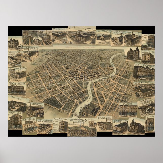 Pôster Chatham, de 1870, Mapa Panorâmico Olho de Ontário  (Frente)