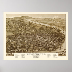Poster Chattanooga, mapa panorâmico do TN - 1886