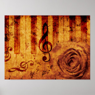 Poster Chaves de piano com notas musicais e rosa