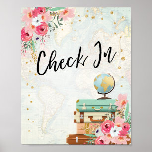 Poster Check In Viagem Aventura Chá de Noiva Rosa