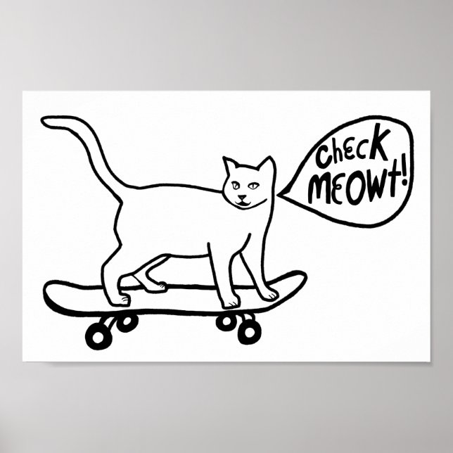 Poster Check Meowt Punny Skateboard Cat Black White (Frente)