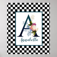 Checkerboard Fancy Floral Monogram Letter A 