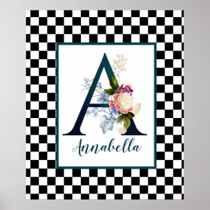 Poster Checkerboard Fancy Floral Monogram Letter A