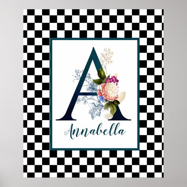 Poster Checkerboard Fancy Floral Monogram Letter A  (Frente)