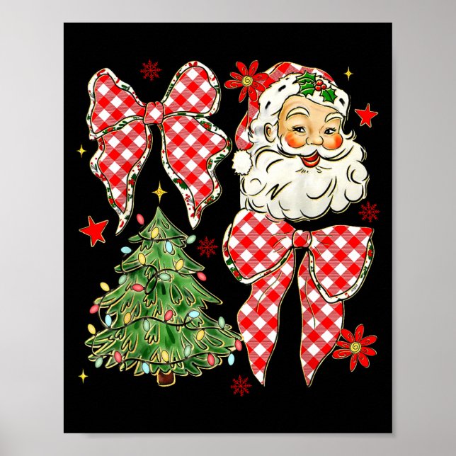 Poster Checkered Coquette Bow Santa Claus Christmas Holid (Frente)