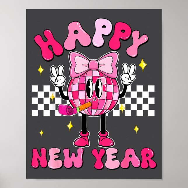 Poster Checkered Happy New Year 2026 Disco Ball New Year  (Frente)
