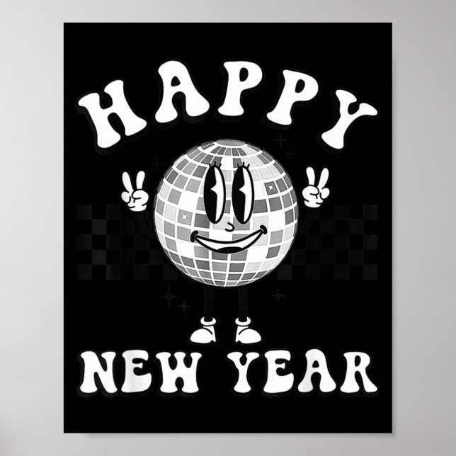 Poster Checkered Happy New Year 2026 Disco Ball New Year  (Frente)