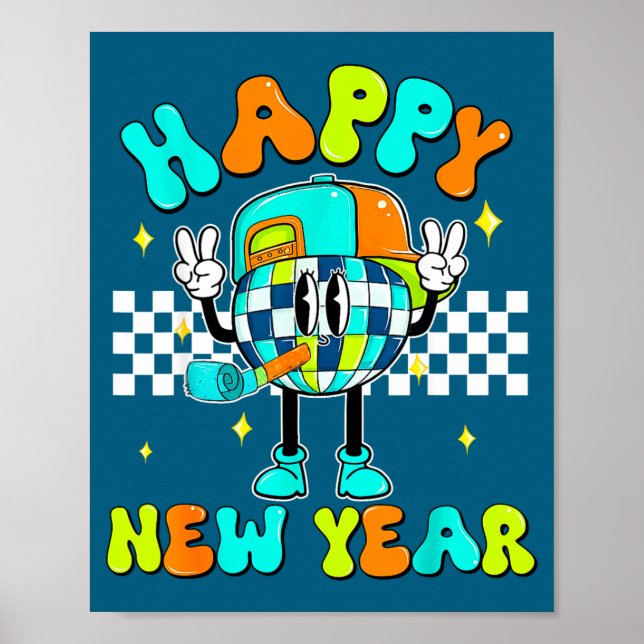 Poster Checkered Happy New Year 2026 Disco Ball New Year  (Frente)