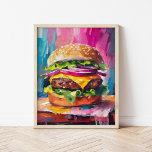 Poster Cheeseburger Colorful Modern Abstrato Art<br><div class="desc">Uma pintura moderna divertida e divertida de um gigante cheeseburger carregado. A trabalho de arte é trazida à vida com pinceladas abstrato, texturizadas, em cores vibrantes como rosa, azul e amarelo. O uso ousado da cor e da escala exagerada dá ao cheeseburger uma sensação enérgica e caprichosa. Esta animada e...</div>