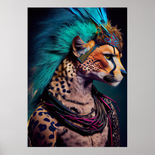 Poster Cheetah Blue Feather Mohawk Weircore Rainbow Punk