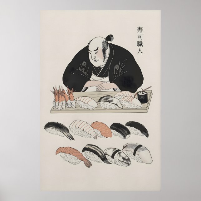 Poster Chef Japonês Tradicional e Arte de Sushi Sortido (Frente)