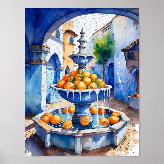 Poster Chefchouen Marrocos Orange Fountain Watercolor (Frente)