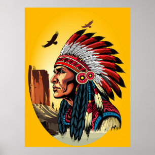 Poster Chefe Americano Nativo na paisagem selvagem Sunset