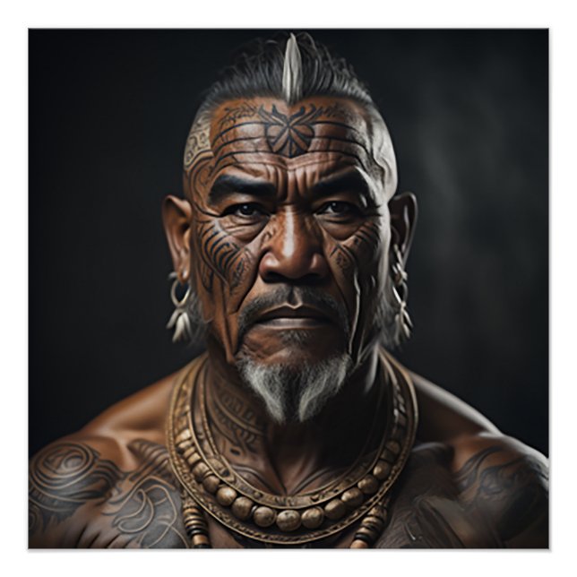 Pôster Chefe do Guerreiro Maori com Tatuagens Face (Frente)
