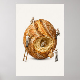 Poster Chefs Miniatura Surrealistas Trabalhando em um Pão