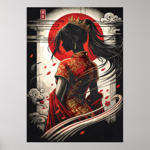 Poster Cheongsam Princesa Lua Vermelha Arte de Anime Chin
