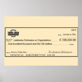 Poster Cheque gigante em branco para sorteios e prêmios