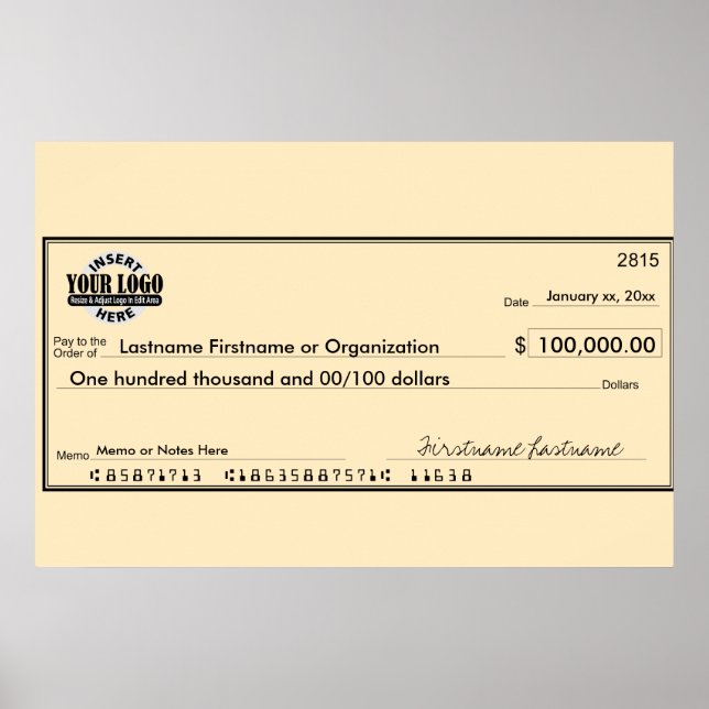 Poster Cheque gigante em branco para sorteios e prêmios (Frente)