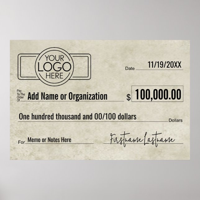 Poster Cheque gigante em branco para sorteios, prêmios e  (Frente)