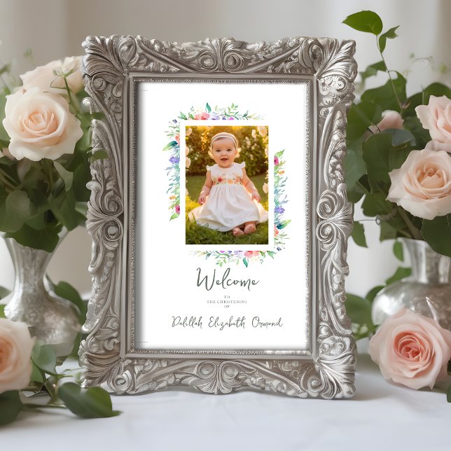 Poster Cherish Cute Floral Frame Christening Photo (Cherish Cute Floral Frame Christening Photo Welcome Guest Poster.)
