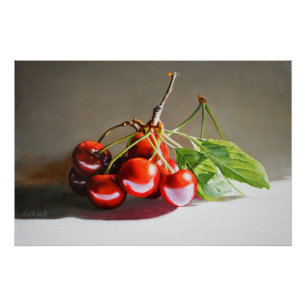 Pôster Cherry Ainda Vida Realista com Folhas de Belas Art