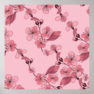 Poster Cherry blossom in pink colour on white background.