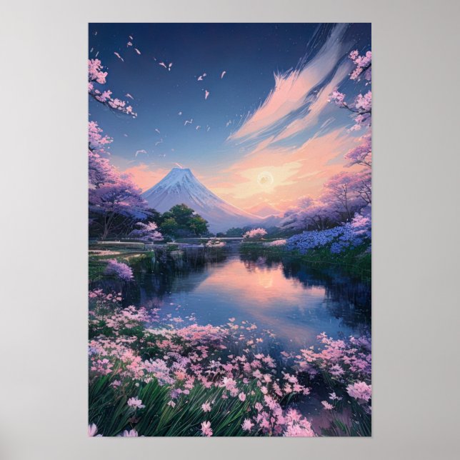 Poster Cherry Blossom Magic no lago Mountain (Frente)