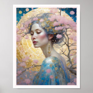 Poster Cherry Blossom Mulher Arte Círculos Rosa Dourado