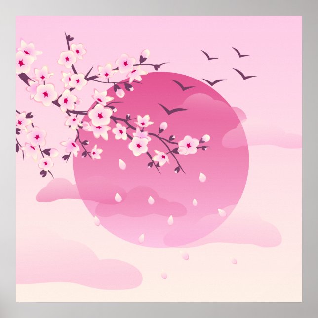 Poster Cherry Blossom - Paisagem Japonesa Rosa (Frente)