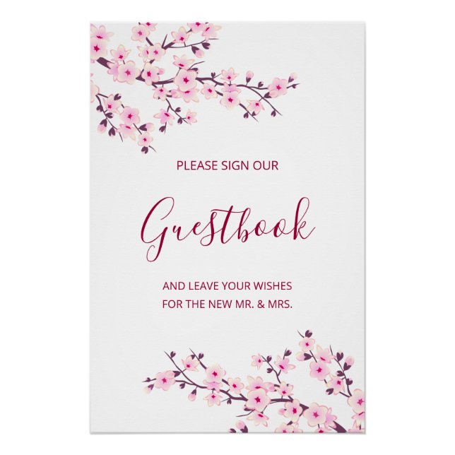 Pôster Cherry Blossom Pink White Wedding Guestbook  (Frente)