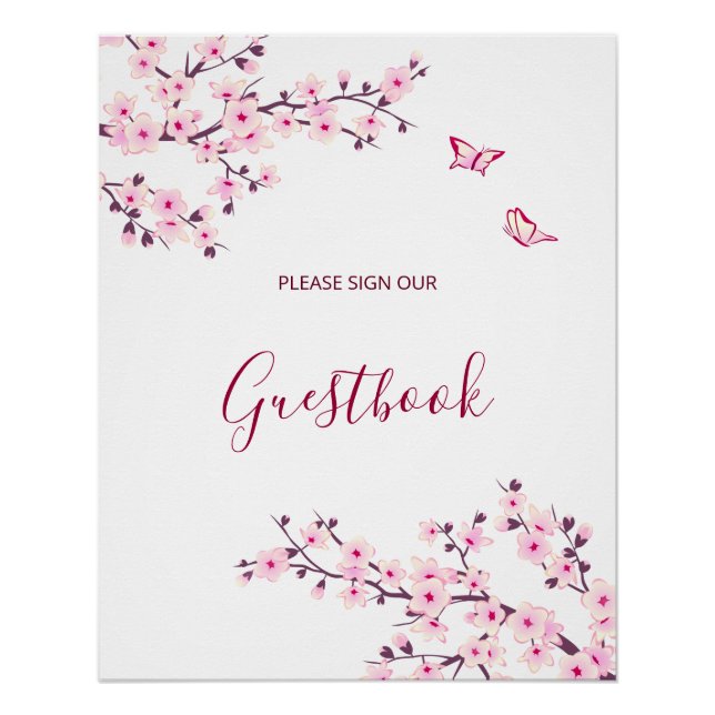 Pôster Cherry Blossom Pink White Wedding Guestbook   (Frente)