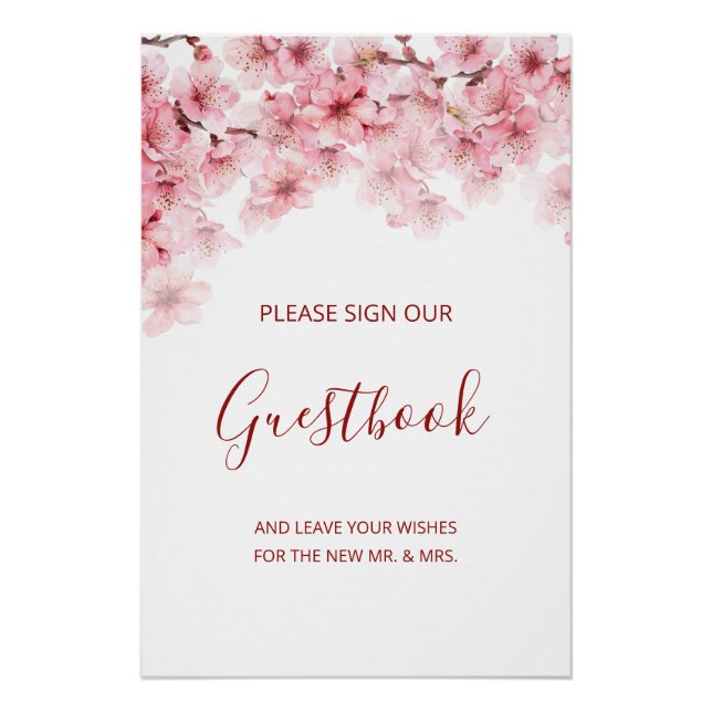 Pôster Cherry Blossom Pink White Wedding Guestbook  (Frente)