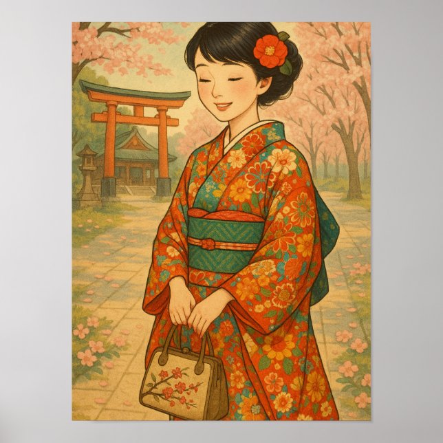 Poster Cherry Blossom Stroll - japonesa em Kimono (Frente)