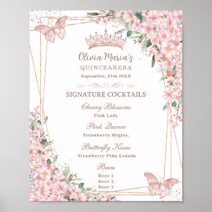 Poster Cherry Blossomo Rosa Borboletas Douradas Menu Drin