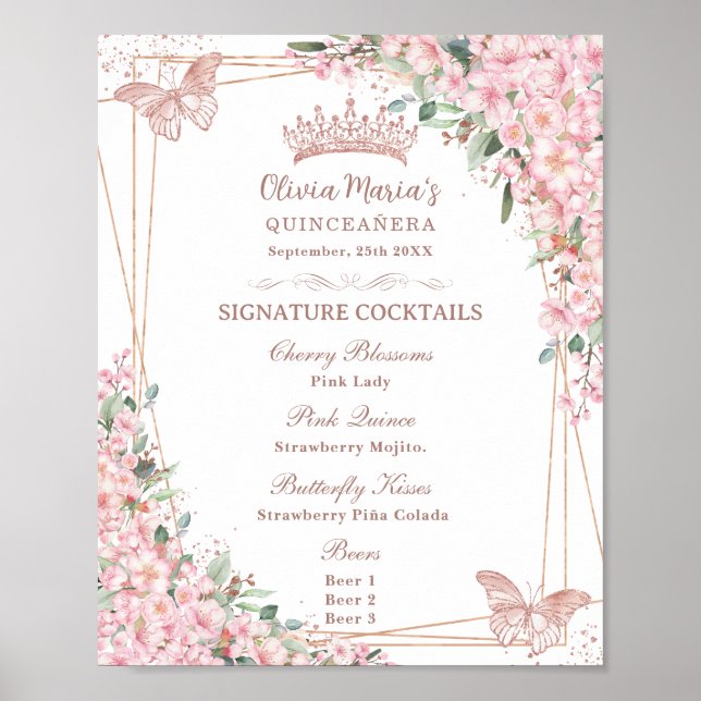Poster Cherry Blossomo Rosa Borboletas Douradas Menu Drin (Frente)