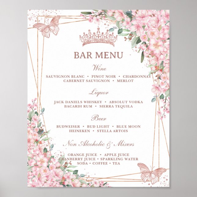 Poster Cherry Blossomo Rosa Botterflies Dourado Menu Bar (Frente)